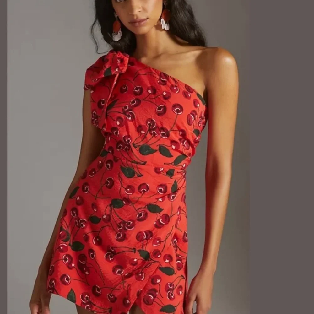Anthropologie Maeve One-Shoulder Cherries Printed Mini Dress 14 NWT